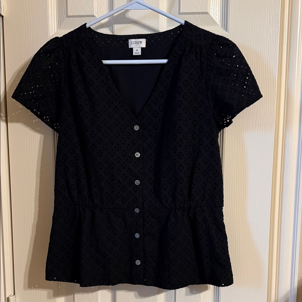 J. Crew Black Eyelet Short Sleeve Blouse size 4